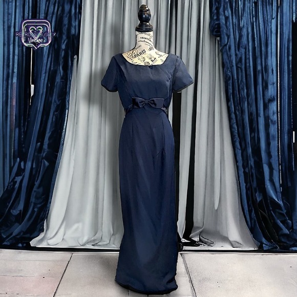 Vintage 90s Old Hollywood Jim Hjelm Formal Navy Blue Maxi Dress, 8 - Picture 5 of 8